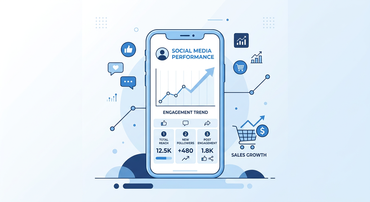 Social media performance dashboard showing engagement trend, reach, and follower growth