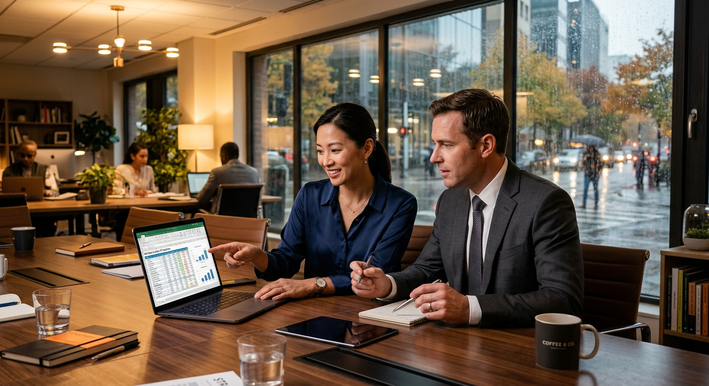 Two consultants reviewing a demand plan on a laptop