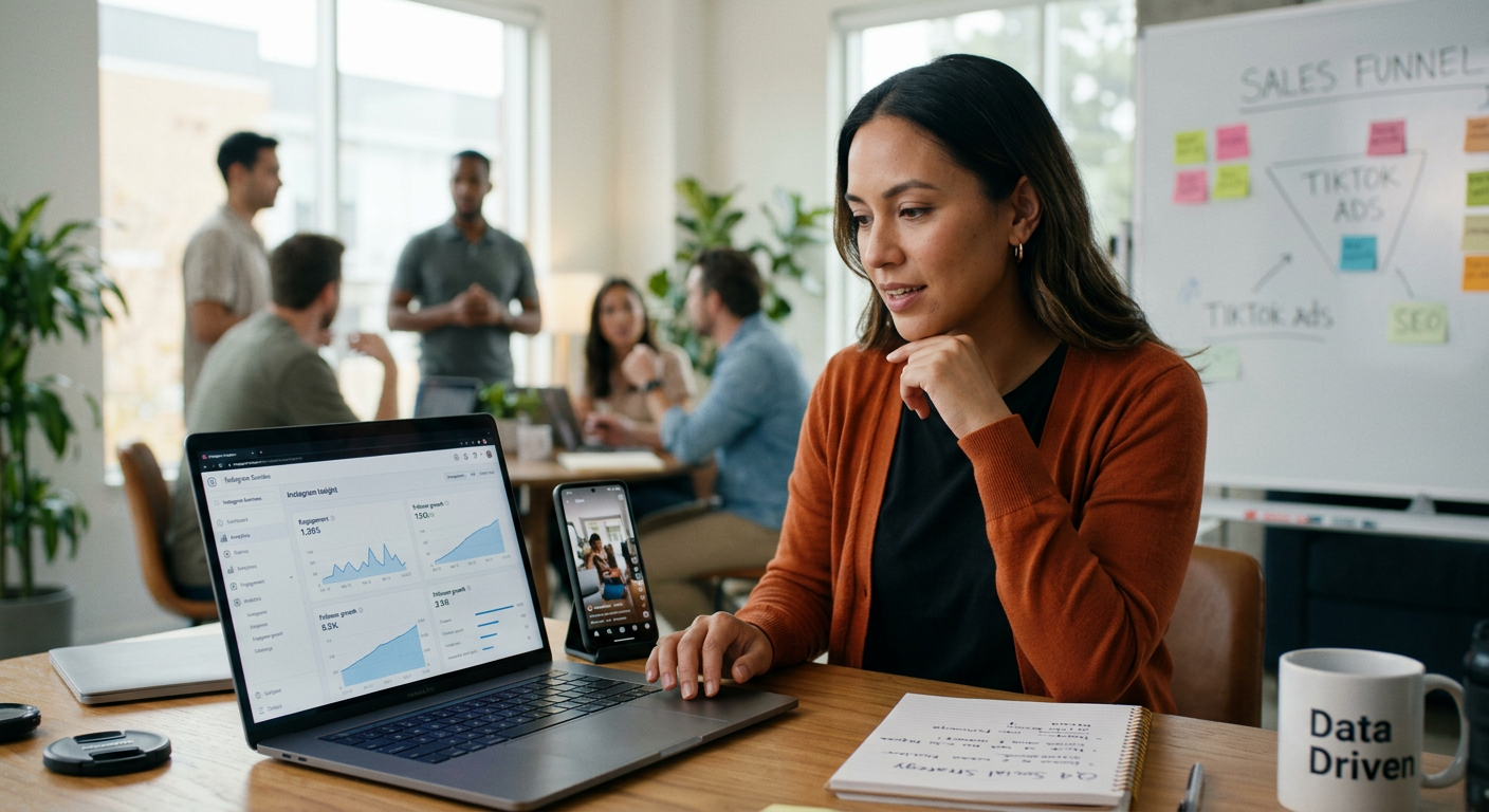 A marketing strategist reviewing social analytics beside an SEO and paid ads planning board